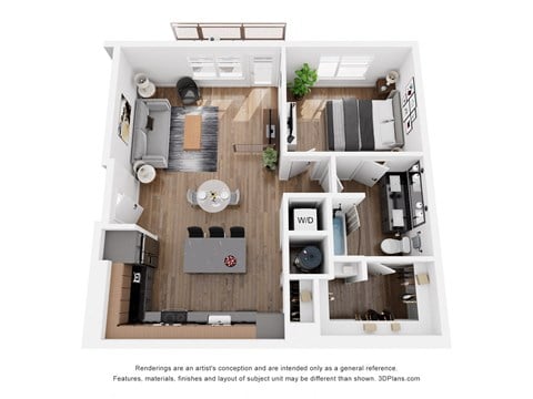Floor plan for 1 bed, 1 bath, 852 sqft